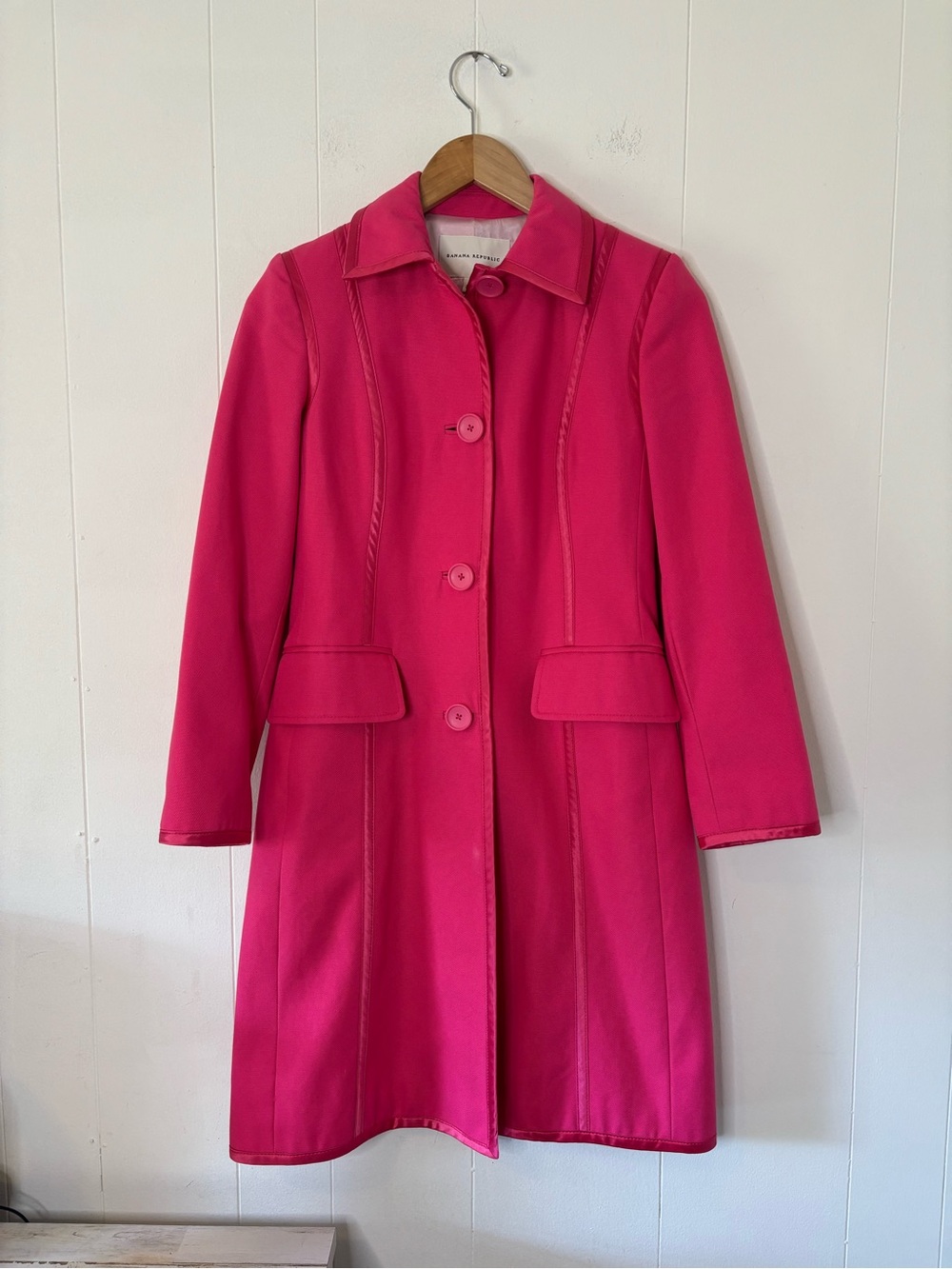 VTG Banana Republic Hot Pink Long Trench Coat, 2000s, Button Down, Cotton, XS - Picture 9 of 15